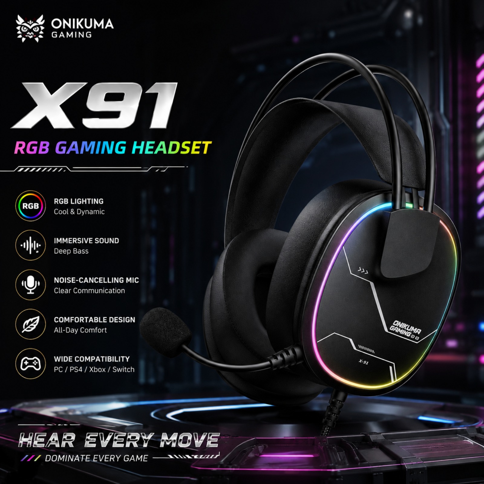 Gaming Headset With Mic Rgb - Słuchawki gamingowe ONIKUMA X91 z przewodowym